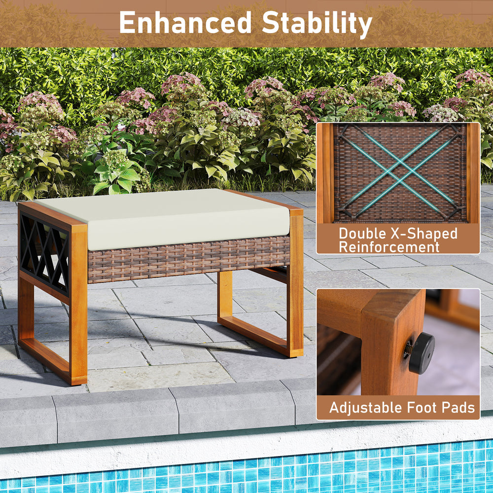PE rattan wicker ottoman with beige cushion, featuring double X-shaped reinforcement and adjustable foot pads for.