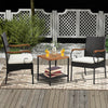 Set of 2 outdoor PE wicker chairs with acacia wood armrests, featuring cushions, on a patio for relaxation.