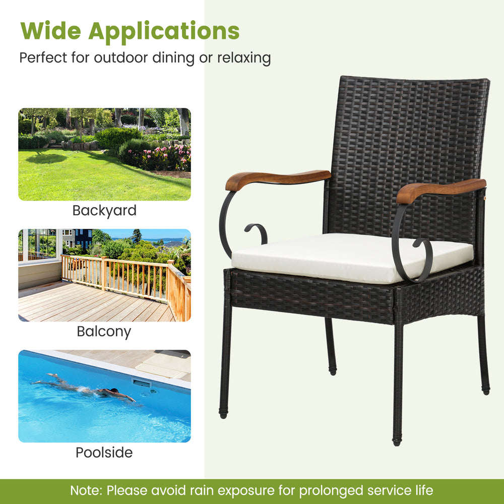 Outdoor PE wicker chair with acacia wood armrests, featuring an ergonomic design, ideal for backyard or poolside use.
