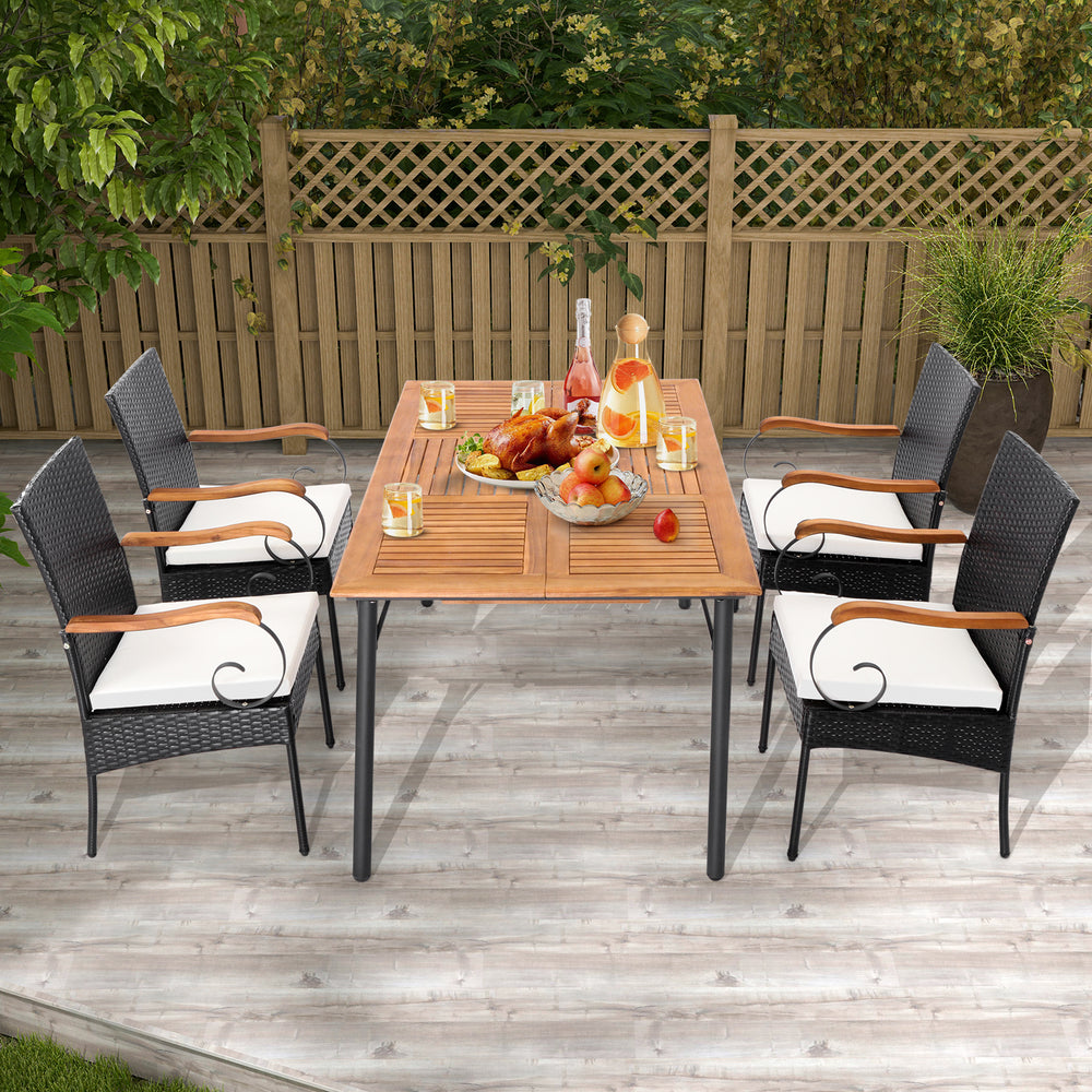 Set of 4 outdoor PE wicker chairs with acacia wood armrests, featuring ergonomic design and elastic cushions for.