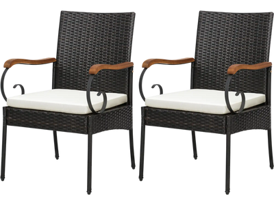 Costway Outdoor PE Wicker Patio Dining Chair Set w/ Acacia Wood Armrests 56127984 New