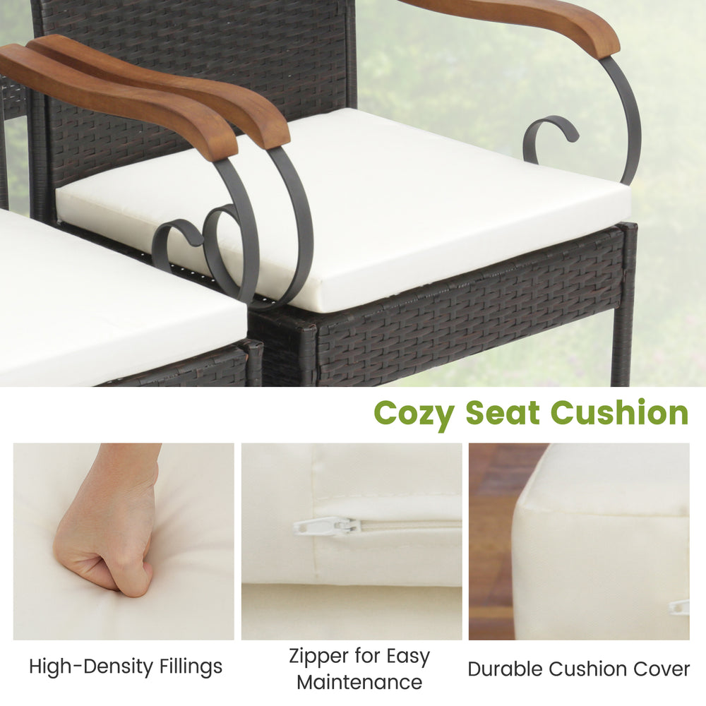 Cozy seat cushion detail with zipper for easy maintenance on a set of 2 outdoor PE wicker chairs with acacia wood.