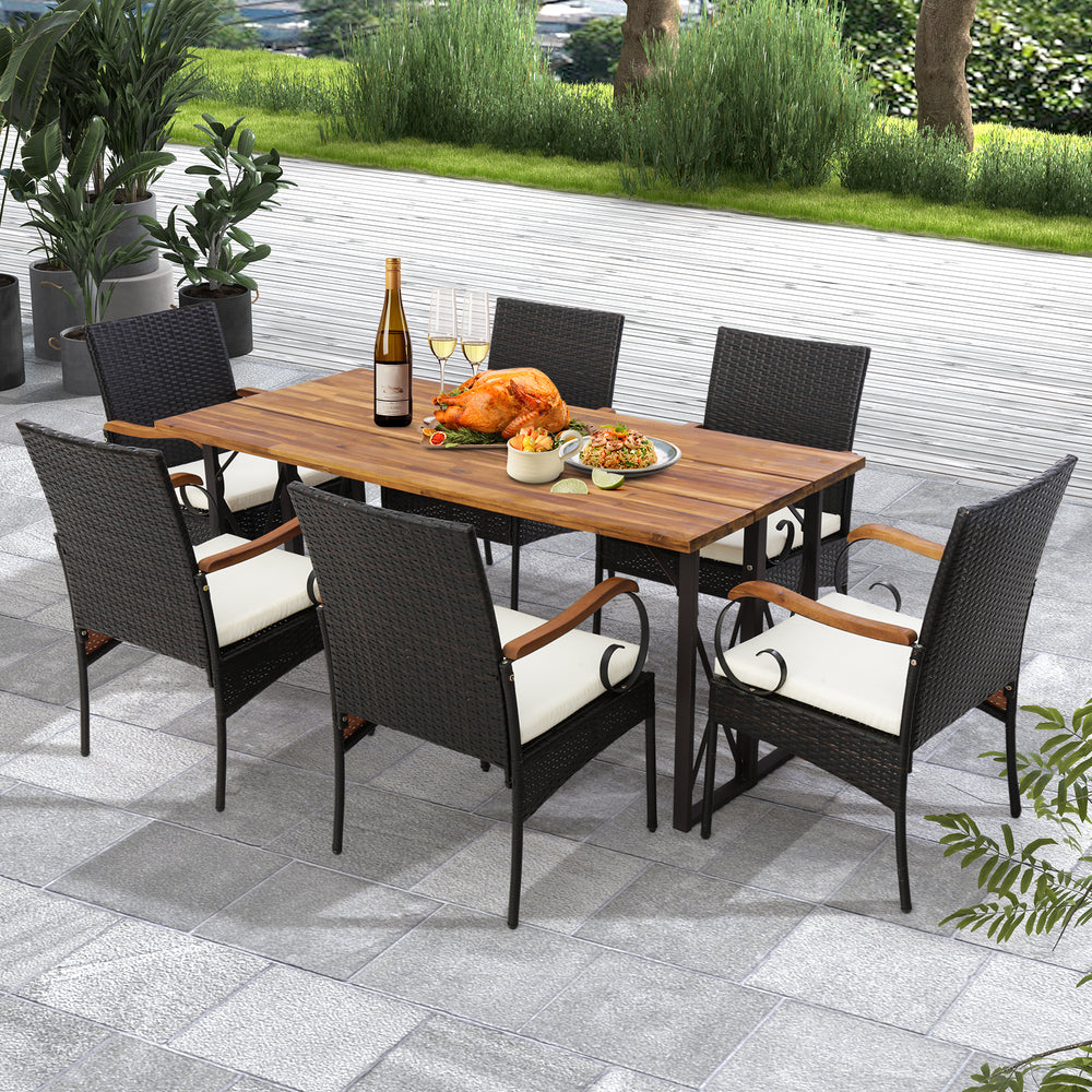 Set of 2 outdoor PE wicker chairs with acacia wood armrests, featuring ergonomic design for patio dining comfort.