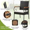 Patio wicker dining chair with ergonomic backrest, acacia wood armrests, and sturdy metal frame for outdoor use.