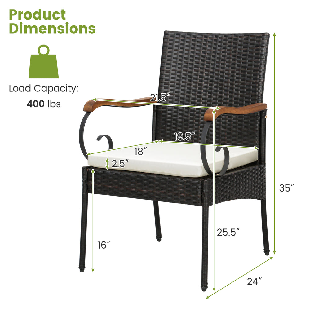 Outdoor PE wicker chair with acacia wood armrests, ergonomic design, 400 lbs capacity, perfect for patio use.