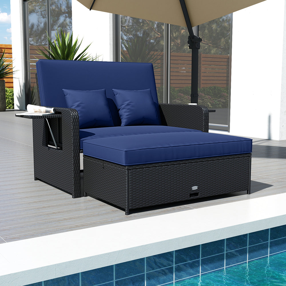 PE Wicker Outdoor Daybed with 4-Level Adjustable Backrest and Storage Ottoman-Navy - Gallery View 1 of 14