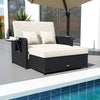 PE wicker outdoor daybed with adjustable backrest and storage ottoman, perfect for poolside relaxation and comfort.
