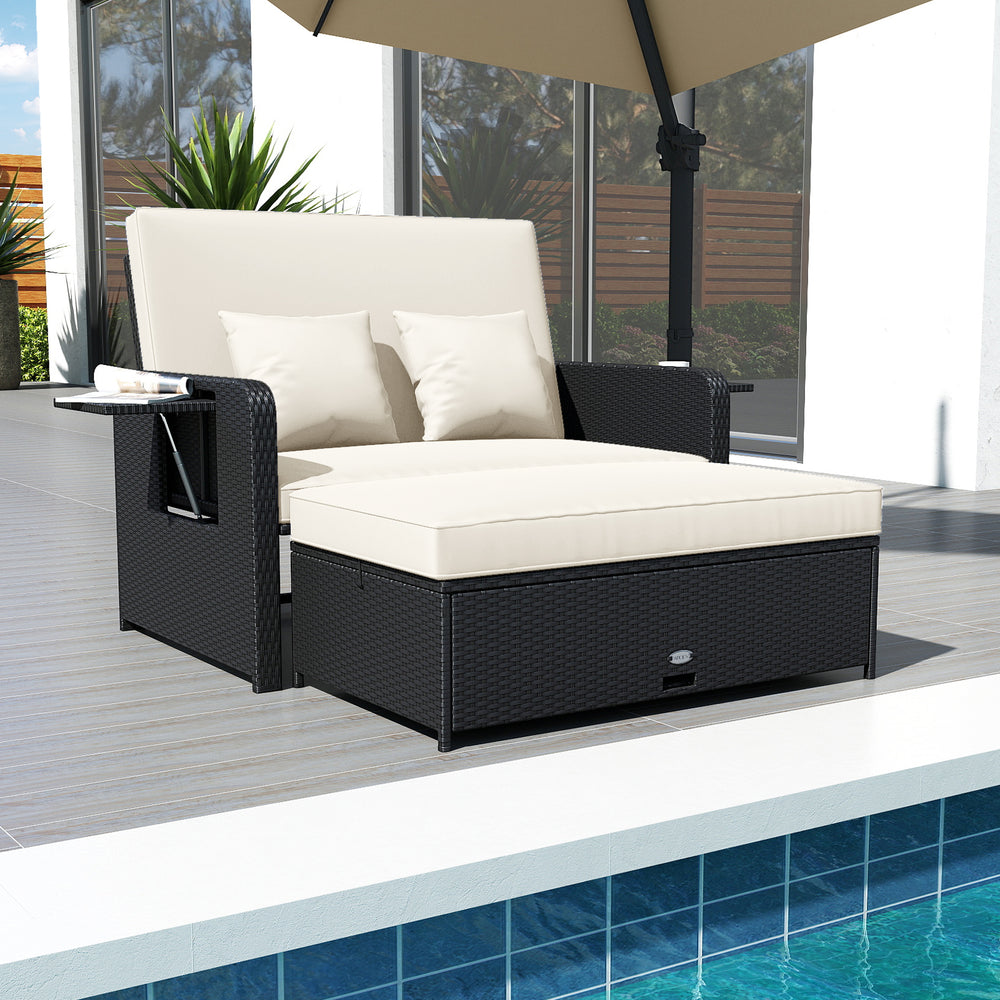 PE wicker outdoor daybed with adjustable backrest and storage ottoman, perfect for poolside relaxation and comfort.