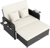 PE wicker outdoor daybed with adjustable backrest, storage ottoman, and cushioned seating for patio relaxation.
