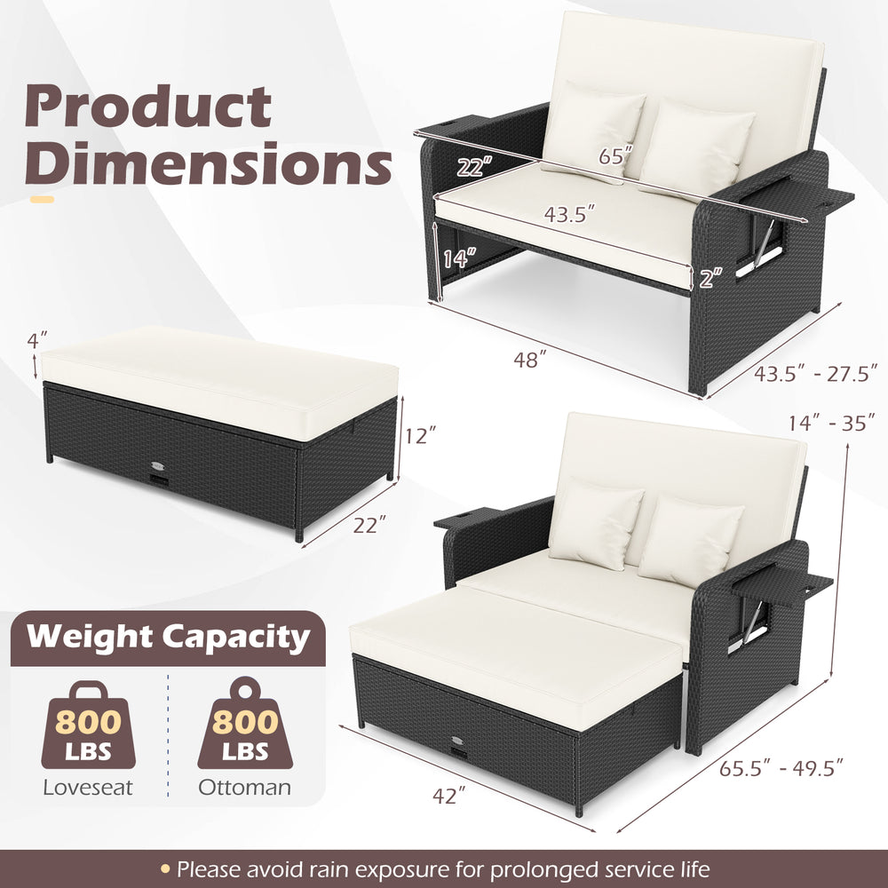 PE wicker outdoor daybed with adjustable backrest and storage ottoman, perfect for patio or garden relaxation.