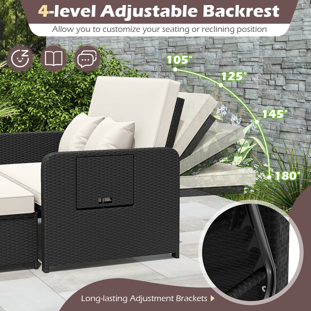 Adjustable backrest of the PE Wicker Outdoor Daybed in a reclined position, perfect for patio relaxation and comfort.