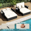 Cushioned outdoor daybed with adjustable backrest, PE wicker design, and storage ottoman for versatile patio use.