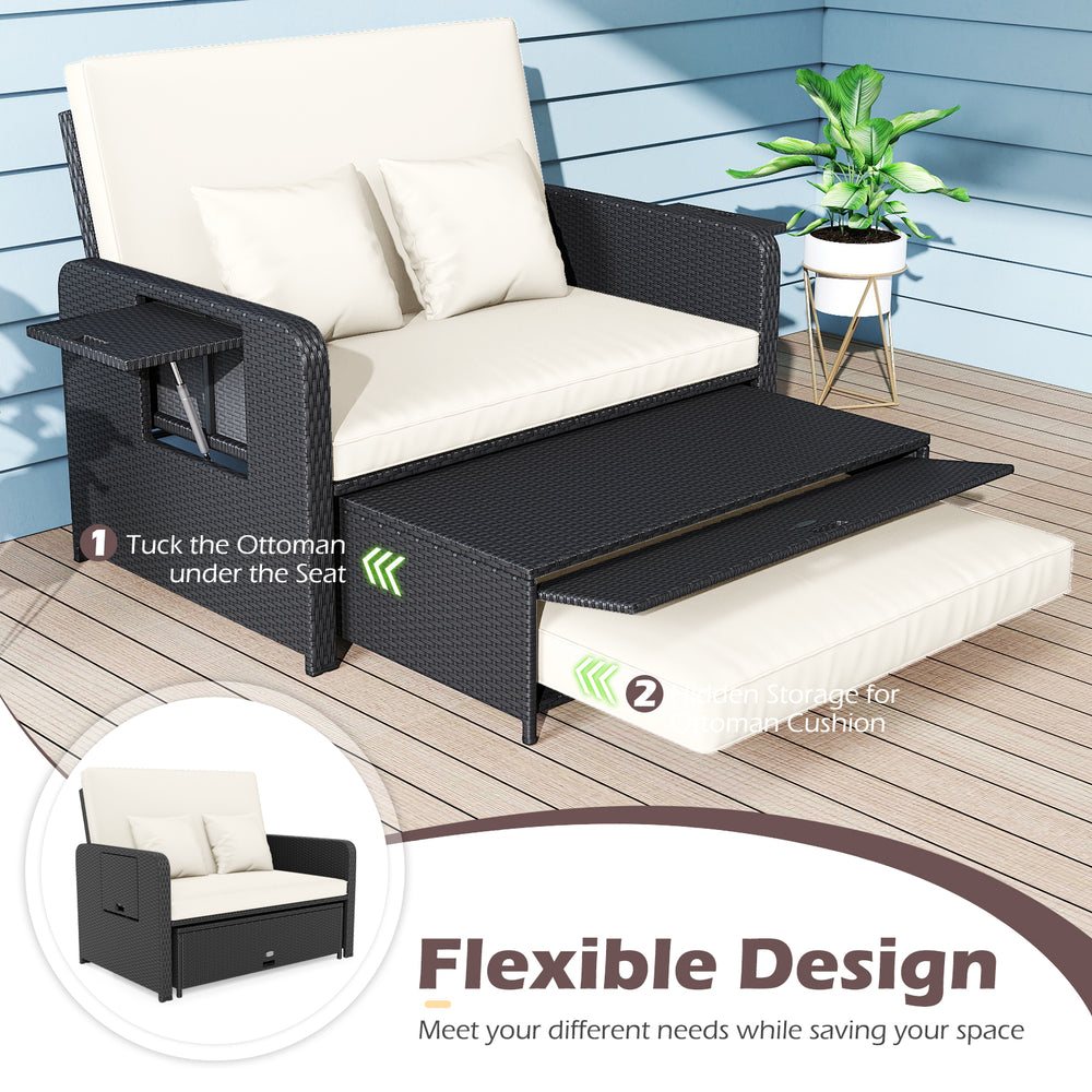 Outdoor daybed with adjustable backrest and storage ottoman, featuring PE wicker for versatile patio use.
