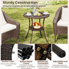 Round PE wicker patio bistro table with tempered glass top and 2-tier storage, ideal for outdoor use.