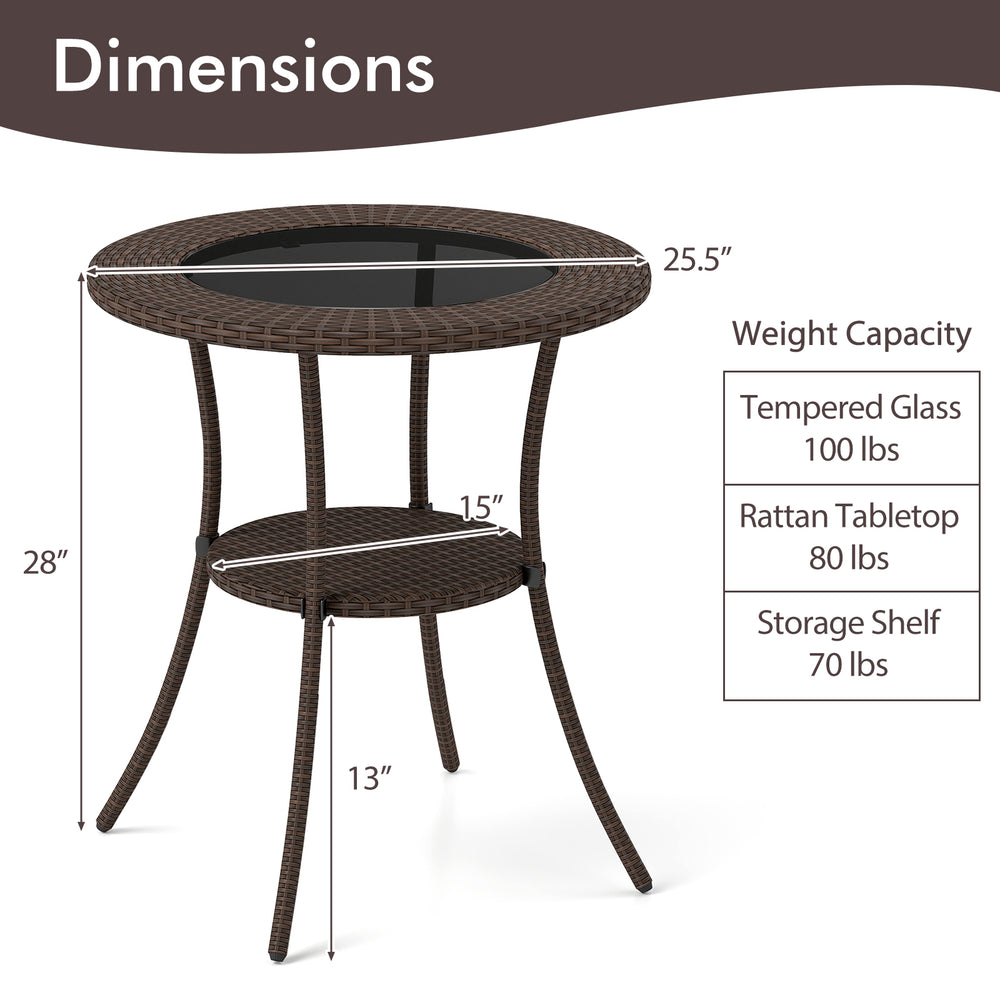 Round PE wicker patio bistro table with tempered glass top, 2-tier storage shelf, and sturdy metal frame for outdoor.