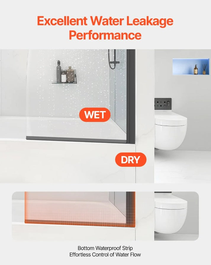 Vevor Bathtub Shower Door 34" x 55" Frameless 180° Rotatable Tempered Glass New