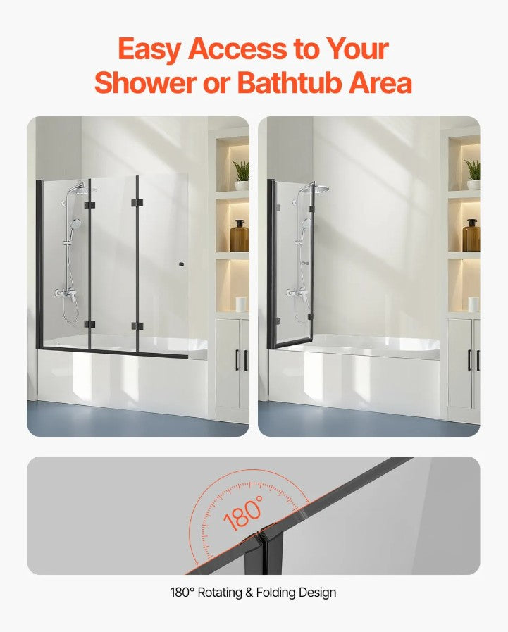 Vevor Frameless Foldable Bathtub Shower Door 51"x56" Tri-Fold 0.23" Tempered Glass New