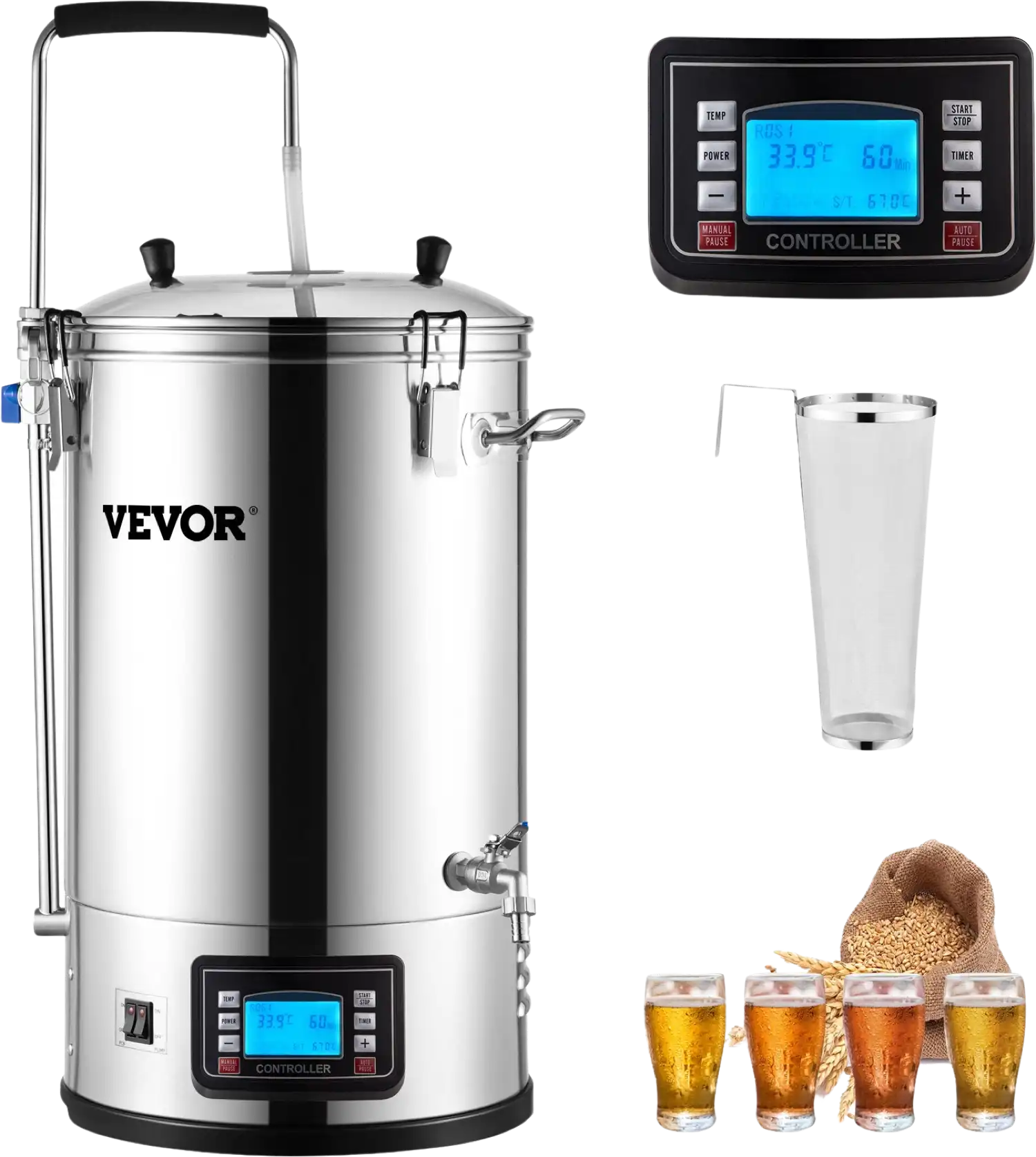 Vevor Electric Brewing System 9.2 Gal. 35 L 1800W All-in-One Home Beer Brewer with Pump New