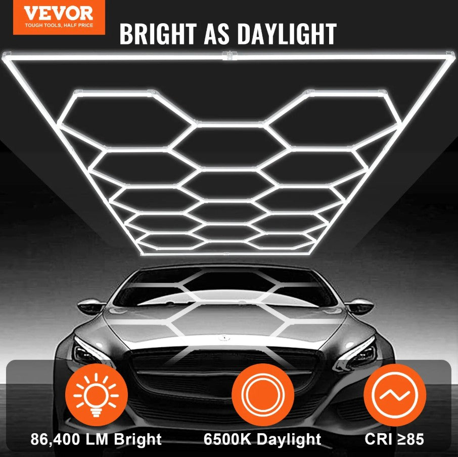 Vevor Hexagon LED Ceiling Light 86,400LM 14-Grid Honeycomb Garage Lighting Kit New