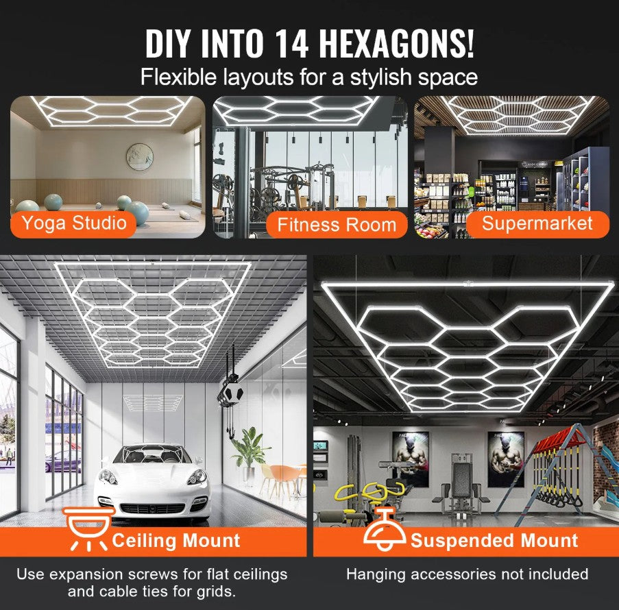 Vevor Hexagon LED Ceiling Light 86,400LM 14-Grid Honeycomb Garage Lighting Kit New