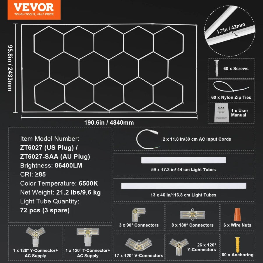 Vevor Hexagon LED Ceiling Light 86,400LM 14-Grid Honeycomb Garage Lighting Kit New