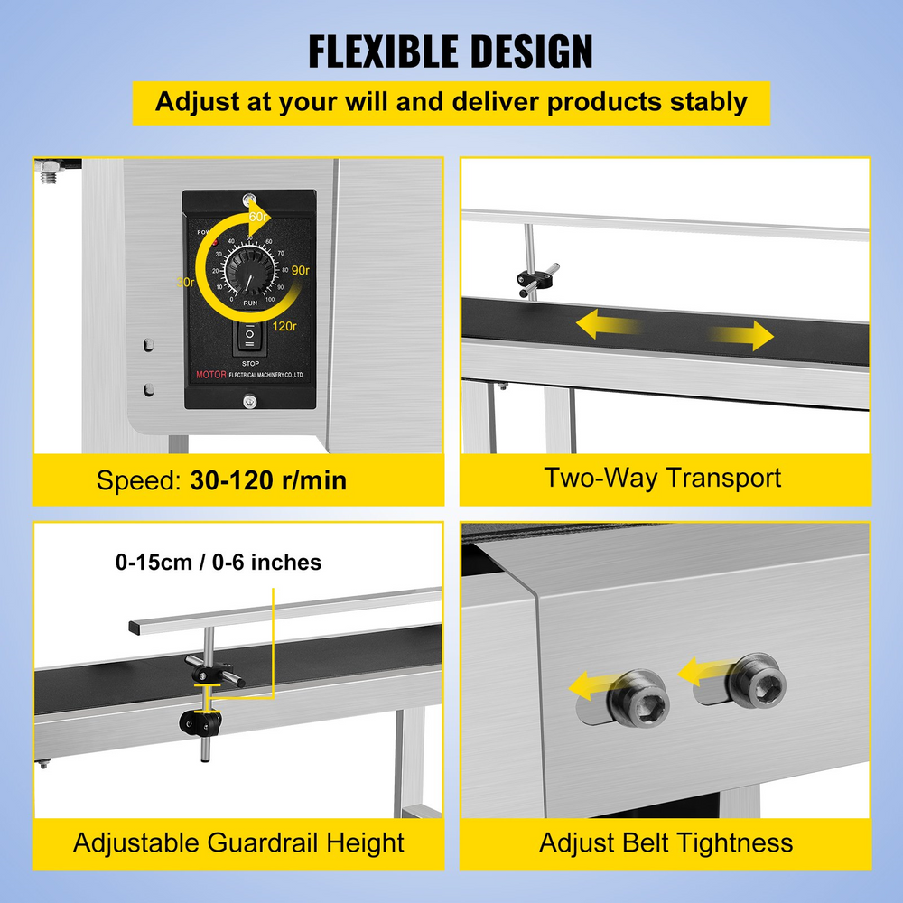 Vevor Motorized Conveyor With PVC Belt 59" x 7.8" Anti-Static With Adjustable Single Guardrail Stainless Steel New
