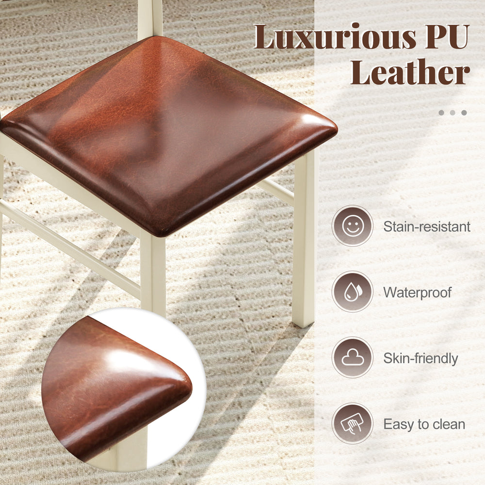 Close-up of a PU leather seat on a wooden dining chair, showcasing its stain-resistant and waterproof features.