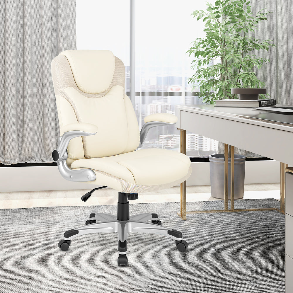 Ergonomic Office PU Leather Executive Chair with Flip-up Armrests and Rocking Function-White - Gallery View 1 of 14
