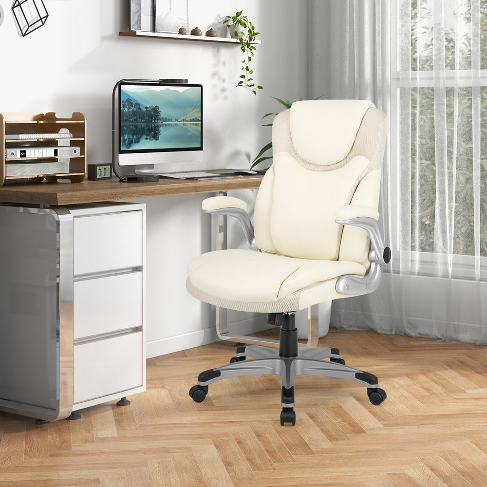 Ergonomic white PU leather executive chair with flip-up armrests, contoured lumbar support, and rocking function for.