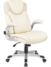 Ergonomic white PU leather office chair with flip-up armrests, contoured lumbar support, and rocking function for.