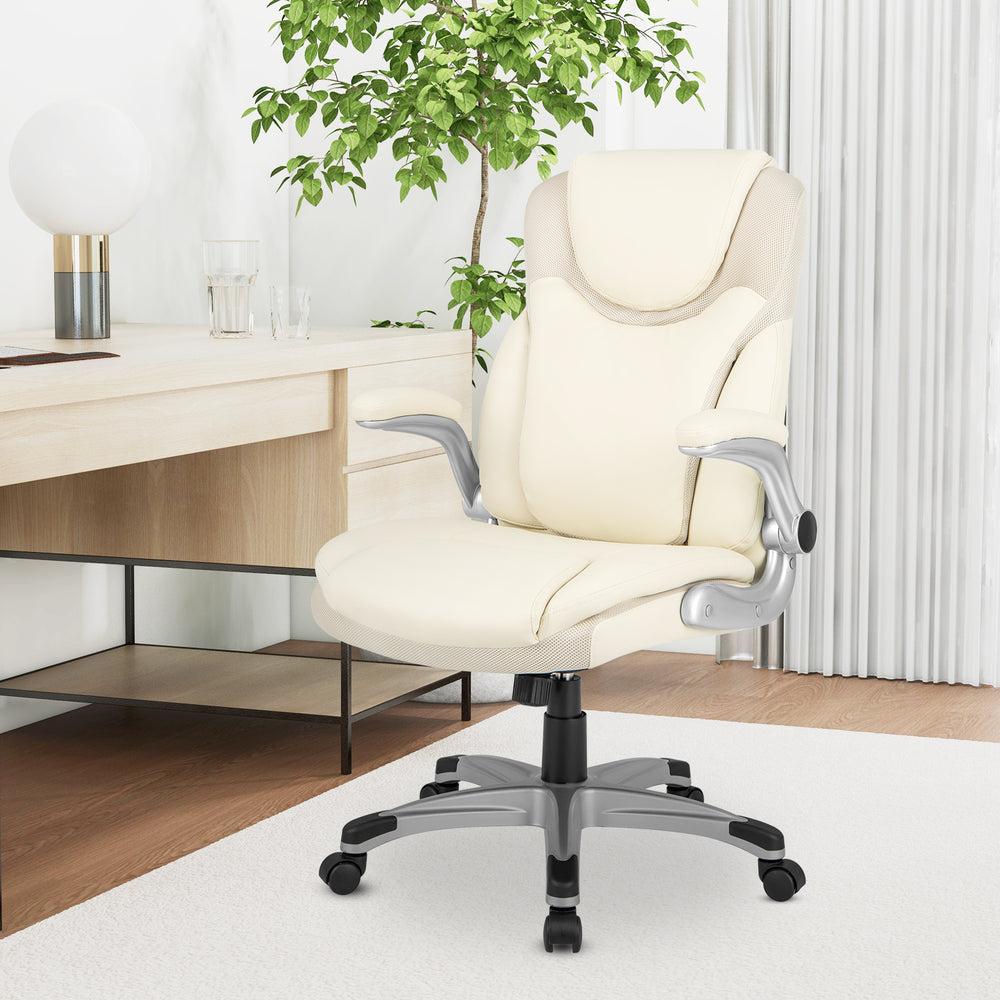 Ergonomic white PU leather office chair with flip-up armrests and rocking function, ideal for home or office use.