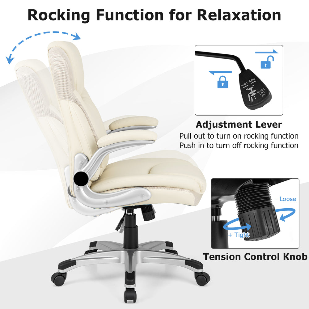 Ergonomic white PU leather office chair with flip-up armrests and rocking function for relaxation and comfort.