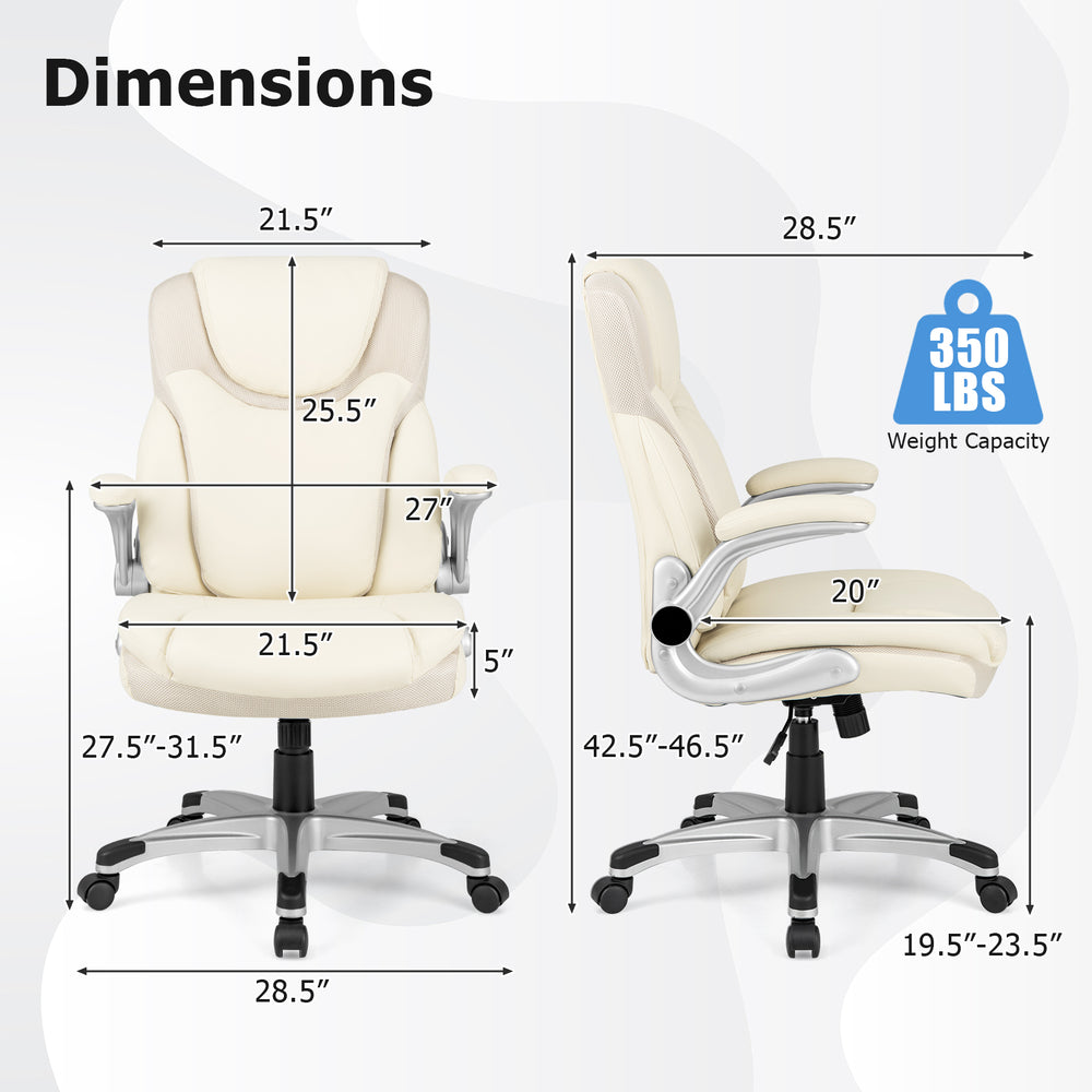 Dimensions of the Ergonomic Office PU Leather Executive Chair, featuring a 350 lbs weight capacity and adjustable.