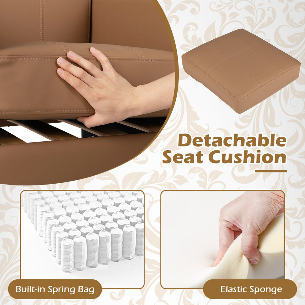 Detachable seat cushion of the brown PU leather accent chair features a built-in spring bag and elastic sponge for comfort.