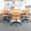 Orange PU leather office chair with ergonomic armrests, adjustable height, and rocking backrest, ideal for workspace.