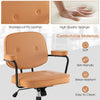 Orange PU leather office chair with ergonomic armrests, adjustable height, and rocking backrest for versatile comfort.