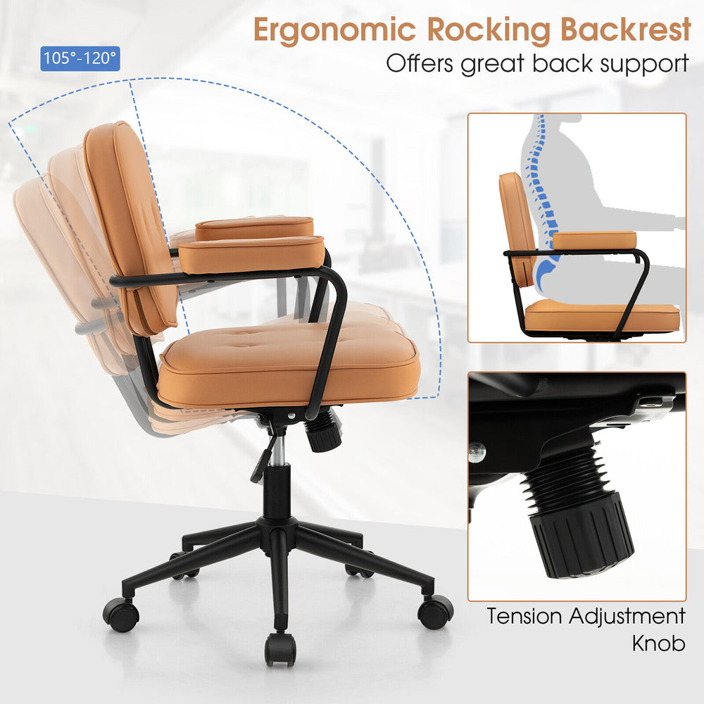 Ergonomic orange PU leather office chair with adjustable rocking backrest and rubberwood armrests for versatile use.