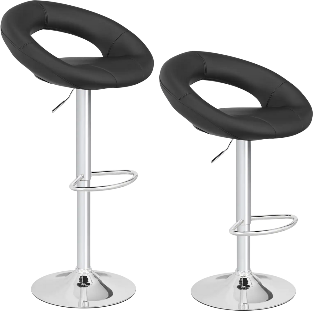Height adjustable black bar stools set of 2 with curved hollow back, footrest, and chrome base for stylish comfort.