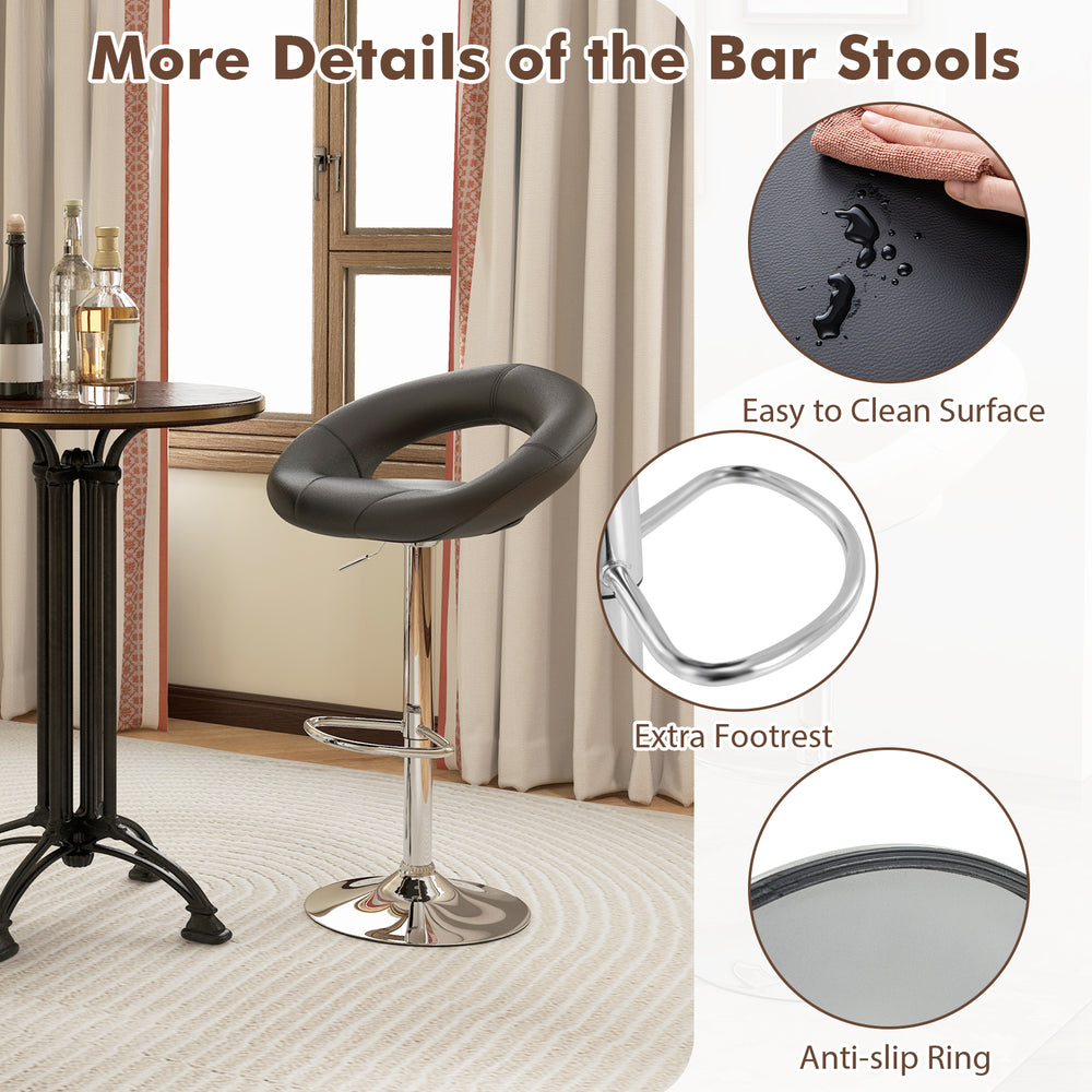 Height adjustable black bar stool with hollow back, footrest, and easy-to-clean PU leather for stylish comfort.