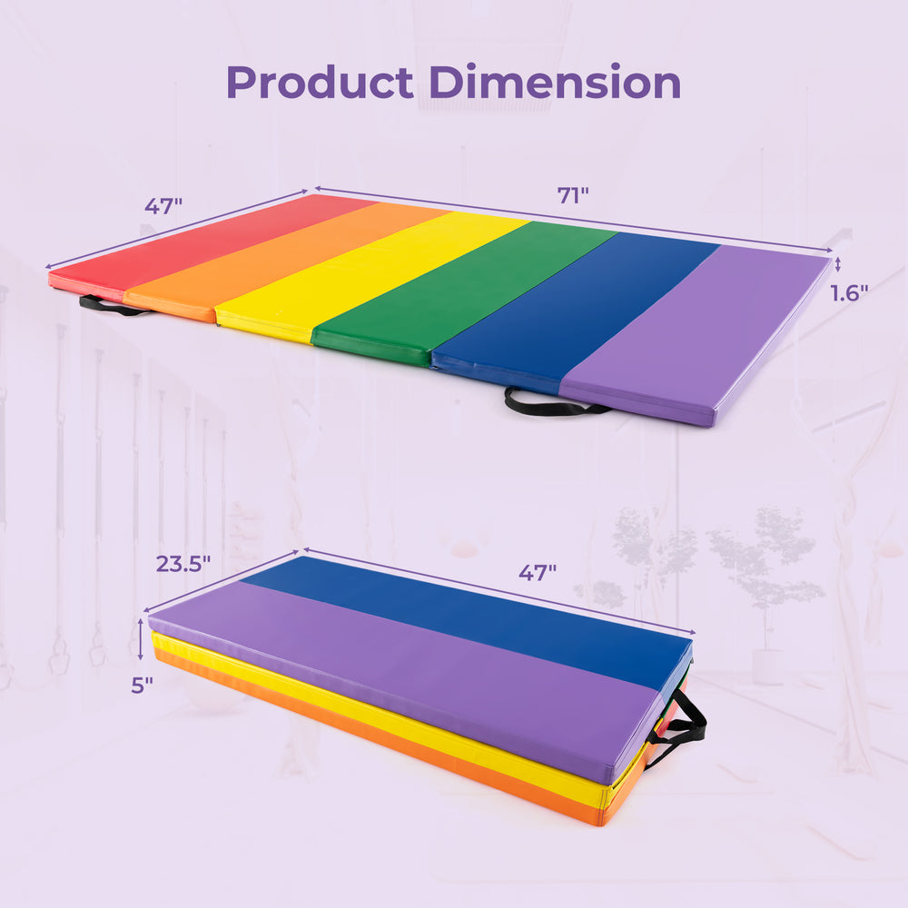 Colorful PU leather tri-folding gymnastics tumbling mat with dimensions 71" x 47" x 1.6", ideal for kids and adults.
