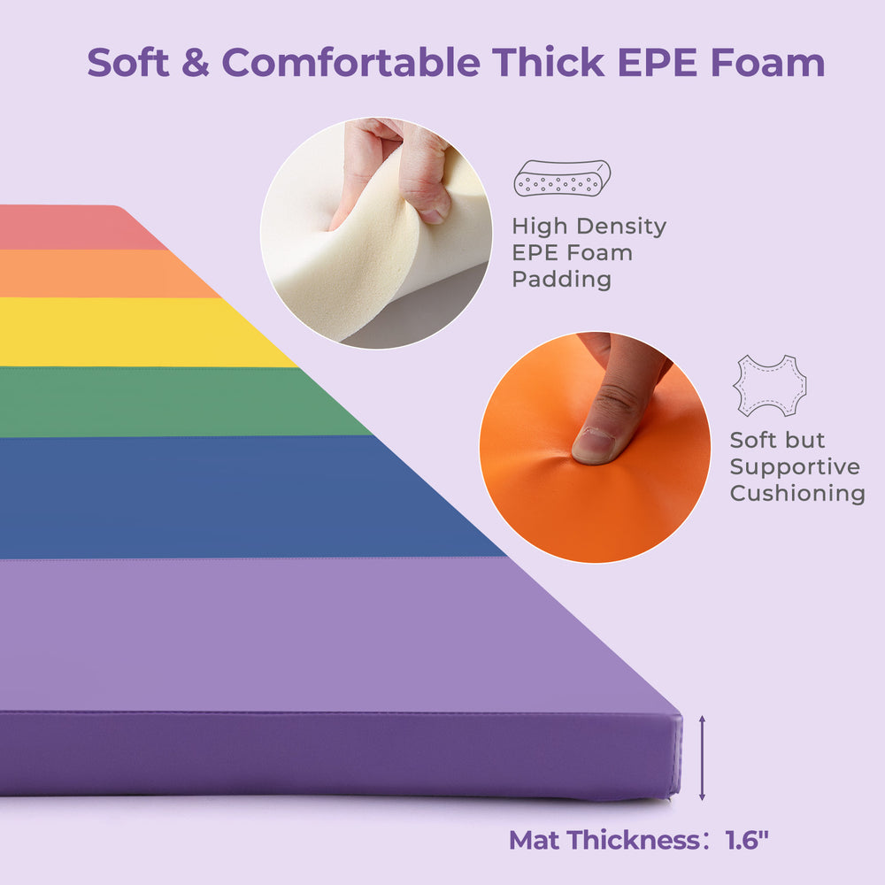 Thick EPE foam tri-folding gymnastics mat in vibrant colors, waterproof PU leather, ideal for kids' exercise and easy.
