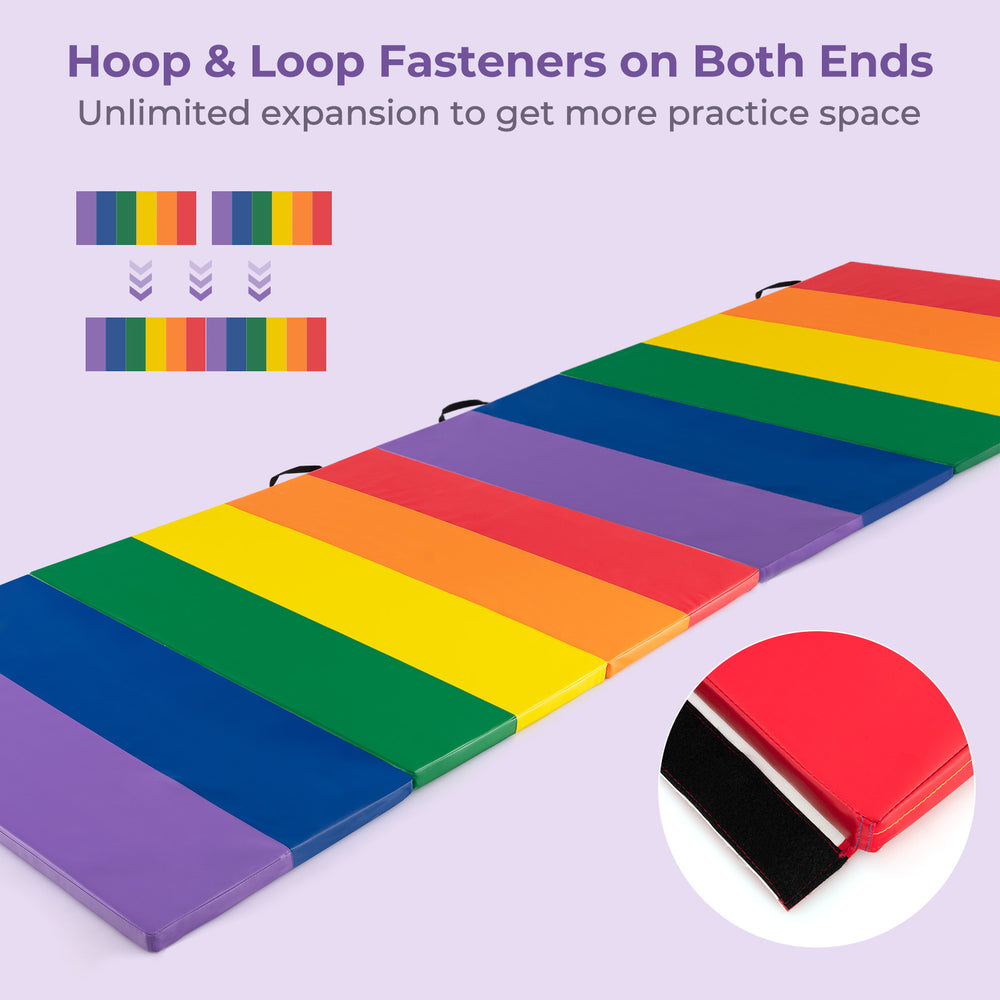 Colorful PU leather tri-folding gymnastics tumbling mat with hook and loop fasteners for easy expansion and storage.