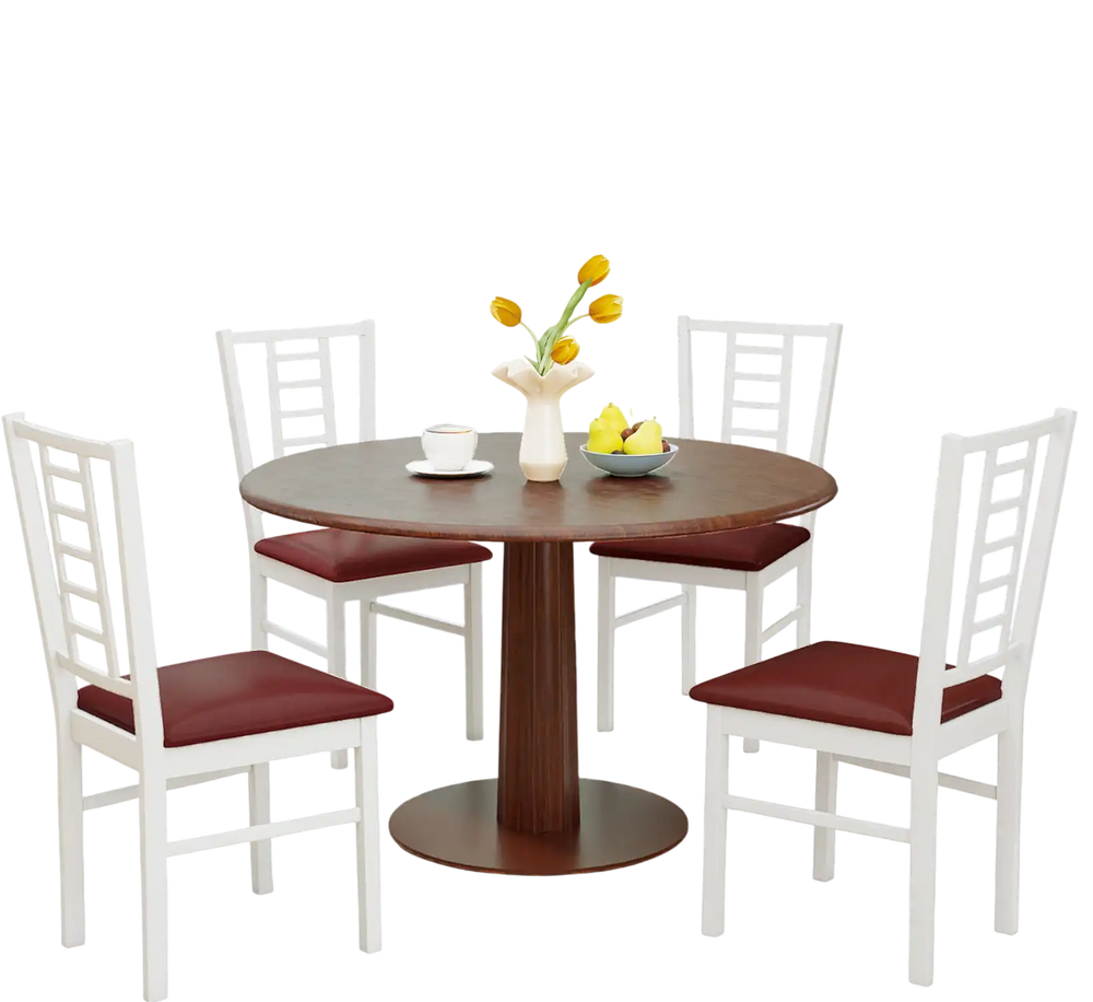 Set of four white PU leather upholstered dining chairs with high backrests, perfect for kitchen or dining room use.