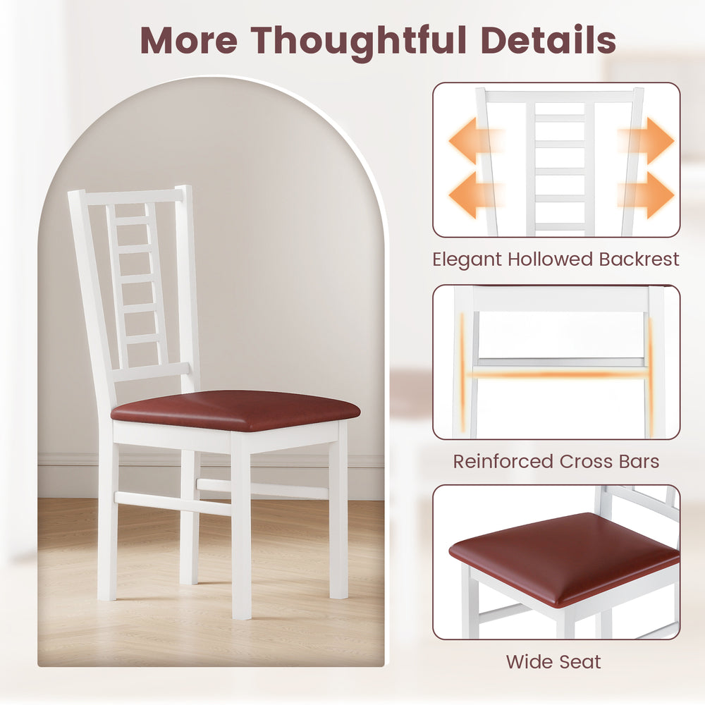 White dining chair with PU leather seat, high backrest, and reinforced crossbars for stability in modern dining spaces.