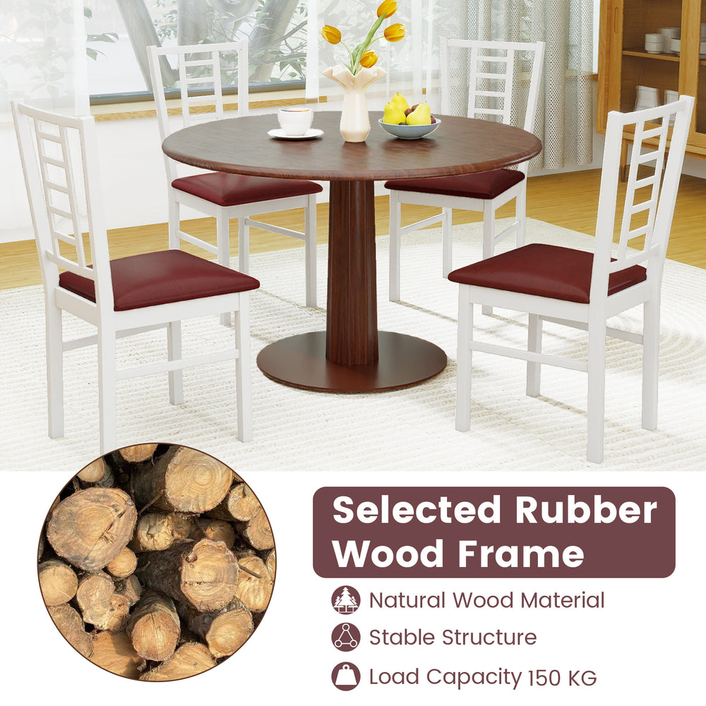 White PU leather upholstered dining chairs set of 4 with high backrest and solid rubber wood frame for kitchen or.