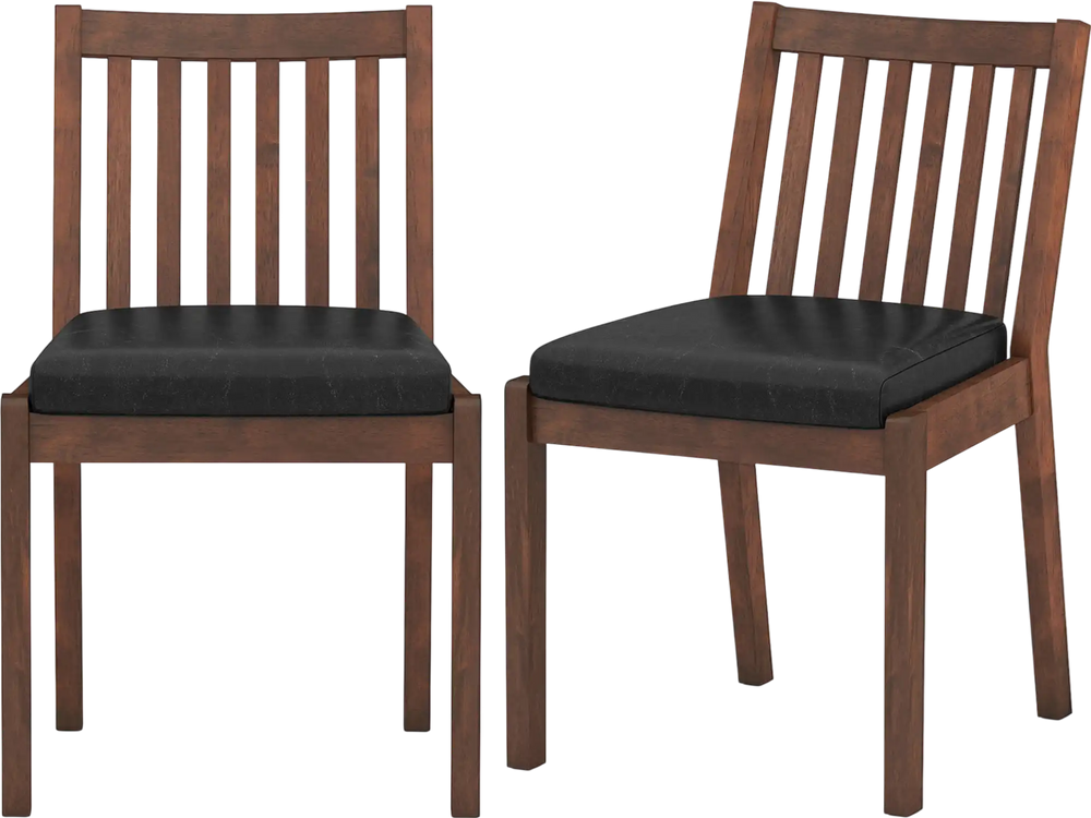 Set of 2 espresso dining chairs with padded PU leather seats and ergonomic slanted backrests for enhanced comfort.