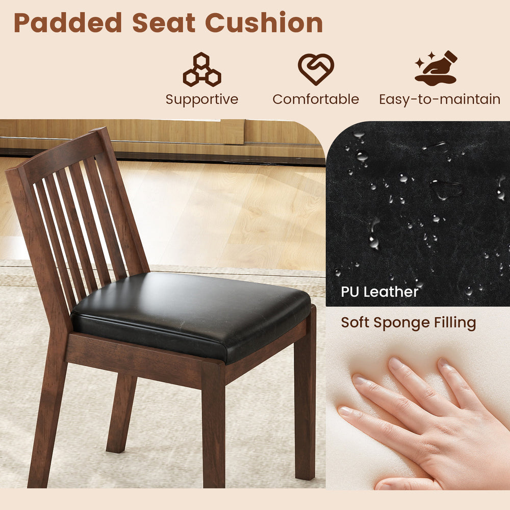 Espresso PU leather dining chair with padded seat cushion and ergonomic slanted backrest for kitchen or restaurant use.