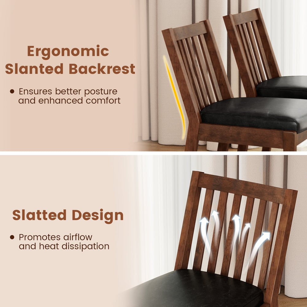 PU leather dining chair set of 2 with ergonomic slanted backrest and slatted design for improved airflow and comfort.