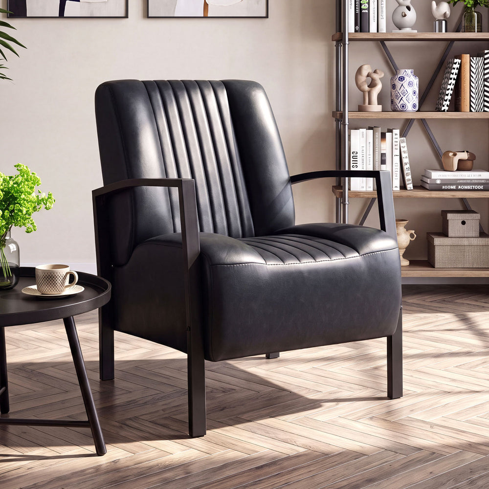 Black PU leather upholstered armchair showcasing a smooth finish and stylish ribbed backrest, perfect for modern interiors.