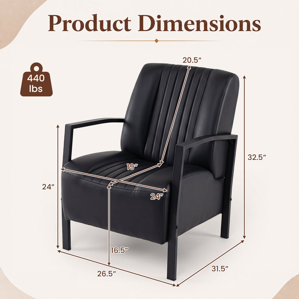 Black PU leather upholstered armchair with padded seat, ergonomic design, and solid metal legs for comfortable lounging.